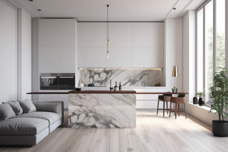 Modern white kitchen interior with marble countertops and bar with stools. 3d rendering mock upの素材