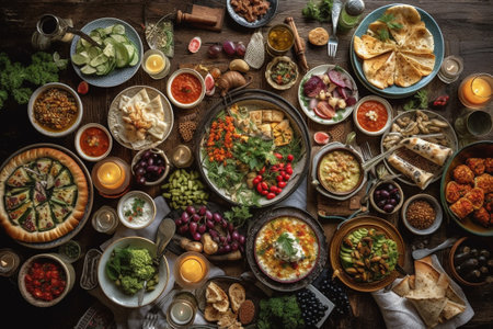 Traditional mexican food on rustic wooden table, top viewの素材