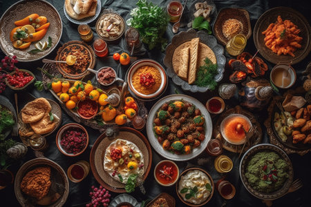 Traditional Turkish and Greek dinner appetizer table. Food and drinks on dark background, top viewの素材