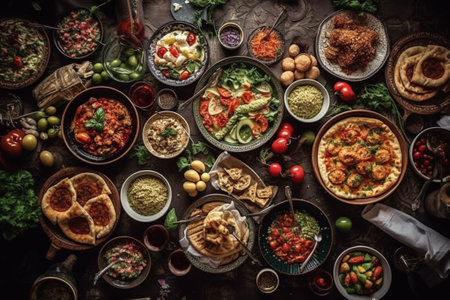 Traditional Turkish and Greek dinner appetizer table with meat, vegetables, olives, feta cheese, olives, olives, chickpeas, tomatoes and pita breadの素材