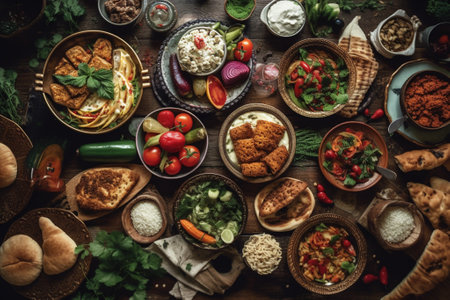 Traditional mexican food on rustic wooden background, top viewの素材