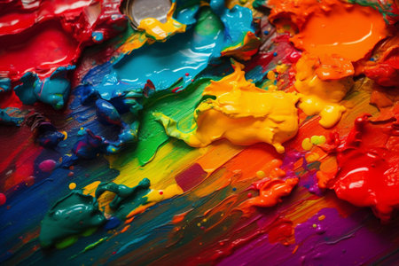 Colorful oil paint splashes on a palette close-up.の素材