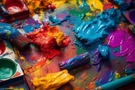 Paint brushes and palette with multicolored paints on a wooden tableの素材
