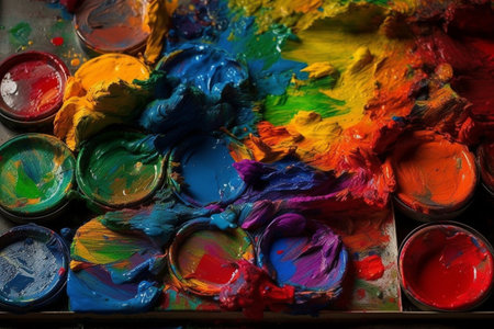Paint brushes and palette of colors on the table. Top view.の素材