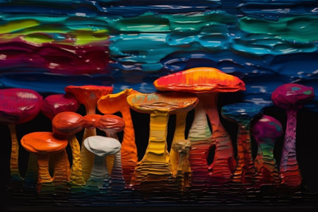 Mushrooms in the form of a rainbow on a dark backgroundの素材
