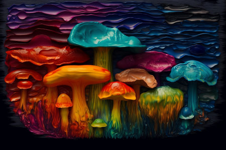 Colorful mushrooms on a dark background. Colorful psychedelic background.の素材