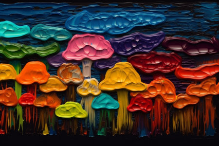 Colorful psychedelic liquefied jelly mushrooms on a black background.の素材