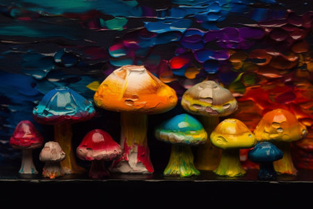 Colorful plastic mushrooms on a black background close-up macro photographyの素材