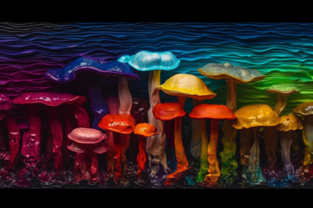 Colorful mushrooms in a glass jar on a black background, close-upの素材