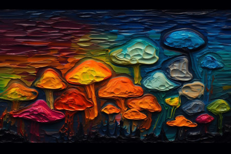 Painting of mushrooms in the shape of a rainbow on a black background.の素材