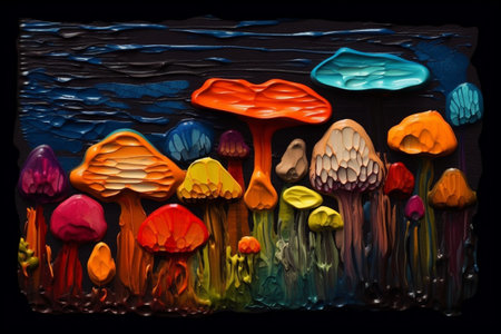 Mushrooms in the form of a house on a black backgroundの素材