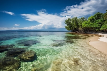 Paradise beach with turquoise water and green trees.の素材