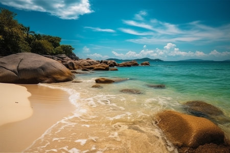Tropical beach with granite boulders and turquoise seaの素材
