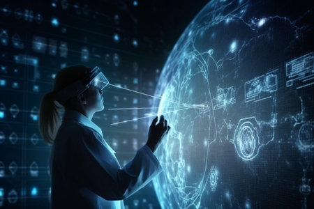Woman scientist working with virtual panel. Science and technology concept. 3D Renderingの素材
