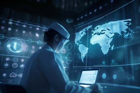 Double exposure of young female doctor working with laptop and digital world mapの素材