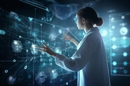 Young woman scientist in white coat working with virtual screen. Mixed mediaの素材