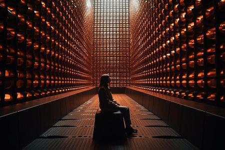 Woman sitting on a bench and looking at the illuminated interior of a wine cellarの素材