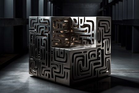 3d rendering of a black and white square maze in a dark roomの素材