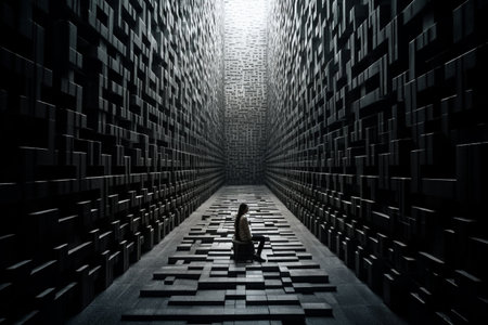 3D rendering of a man in a dark room with black cubesの素材