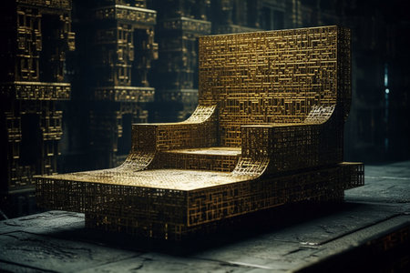 Futuristic 3D rendering of a wooden chair in the darkの素材