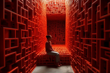 Woman sitting on the floor against red maze in a room with lightの素材