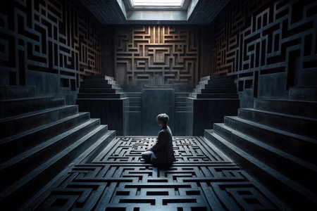 Businessman sitting on the stairs and looking at the exit of labyrinthの素材