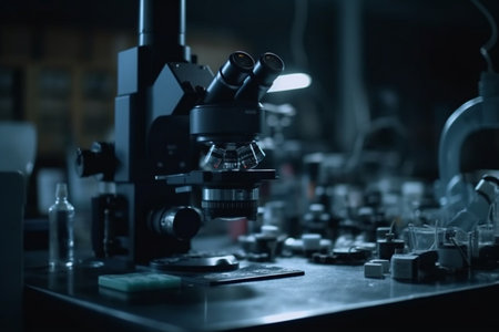 Microscope in a scientific laboratory. Biochemistry, genetics, biochemistry, medicine and research concept.の素材