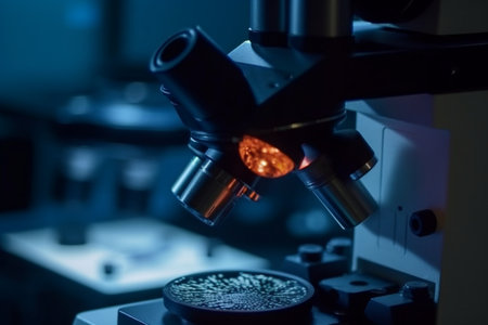 Microscope in the laboratory. Medical research and development. Biochemistry.の素材