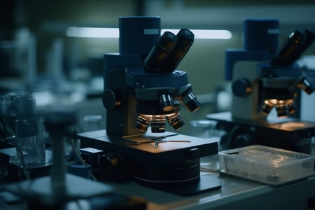 Microscope in scientific laboratory, science research and development concept. Selective focusの素材
