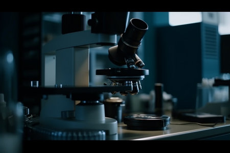 Microscope in scientific laboratory. Biochemistry, genetics, biochemistry, genetics and medicine concept.の素材