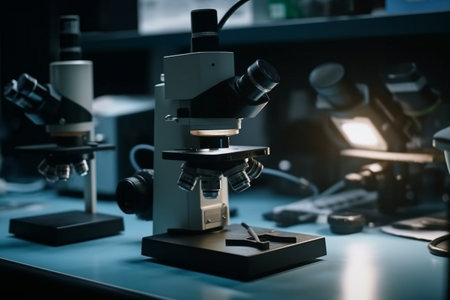 Microscope in science laboratory. Laboratory equipment. Scientific research and development concept.の素材