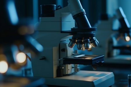 Microscope in science laboratory. Microscope in scientific laboratory. Medical research and development conceptの素材
