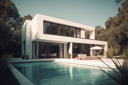 Modern house with swimming pool in a sunny day. Toned.の素材