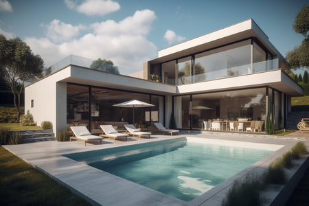 3d rendering of modern cozy house with pool and parking for sale or rentの素材