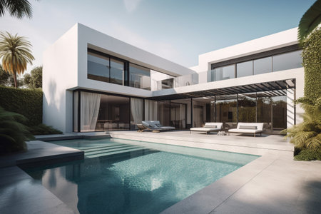3d rendering of modern cozy house with pool and parking for sale or rent in luxurious style. Clear sunny summer day with blue sky.の素材
