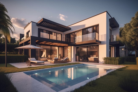 3d rendering of modern cozy house with pool and parking for sale or rent in luxurious style and beautiful landscaping on background. Clear summer evening with cozy light from window.の素材