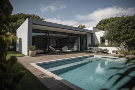 Modern house with swimming pool, outdoor view. Nobody in the houseの素材