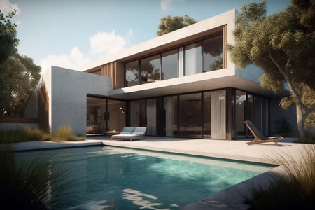 3d rendering of modern cozy house with pool and parking for sale or rentの素材