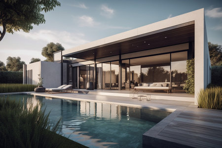 3d rendering of modern house with swimming pool and beautiful landscapingの素材
