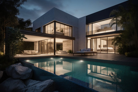 Luxury modern house with swimming pool at night. Nobody insideの素材