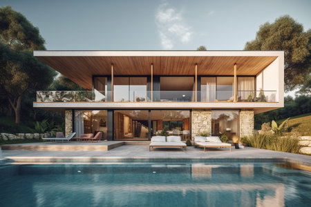 3d rendering of modern cozy house with pool and parking for sale or rent in luxurious style and beautiful landscaping on background. Clear sunny summer day with blue sky.の素材