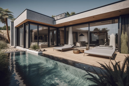 Luxury villa with swimming pool and beach. 3d renderingの素材