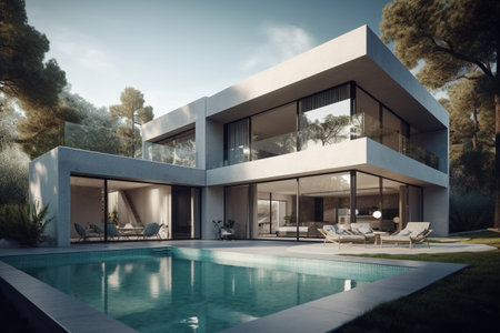 3d rendering of modern cozy house with pool and parking for sale or rentの素材
