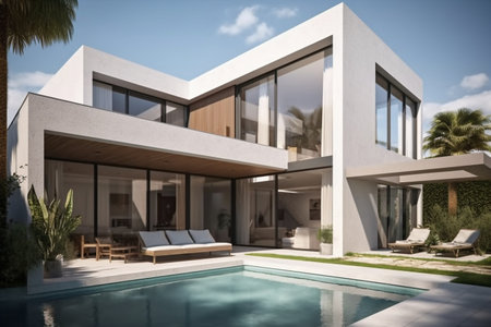 3d rendering of modern cozy house with pool and parking for sale or rentの素材