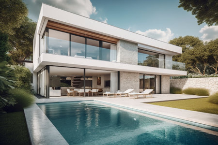 3d rendering of modern cozy house with pool and parking for sale or rent in luxurious style and beautiful landscaping on background. Clear sunny summer day with blue sky.の素材
