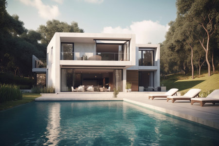 3d rendering of modern cozy house with pool and parking for sale or rent in luxurious style and beautiful landscaping on background. Clear sunny summer day with blue sky.の素材