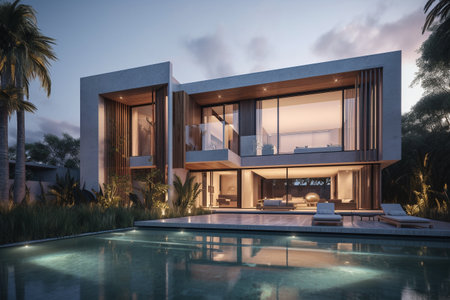 3d rendering of modern cozy house with pool and parking for sale or rent in luxurious style by the sea or ocean. Clear summer evening with soft light from window.の素材