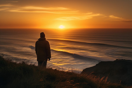 Man watching the sunset on the Pacific Coast in California, USA.の素材