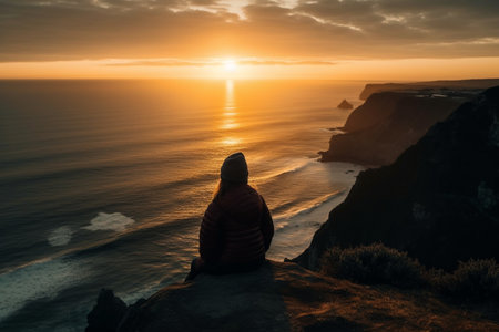 Woman sitting on a cliff and watching the sunset over the Atlantic Ocean in Portugalの素材