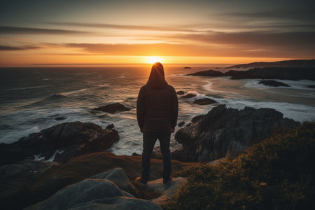 Man standing on a cliff and looking at the sunset over the oceanの素材